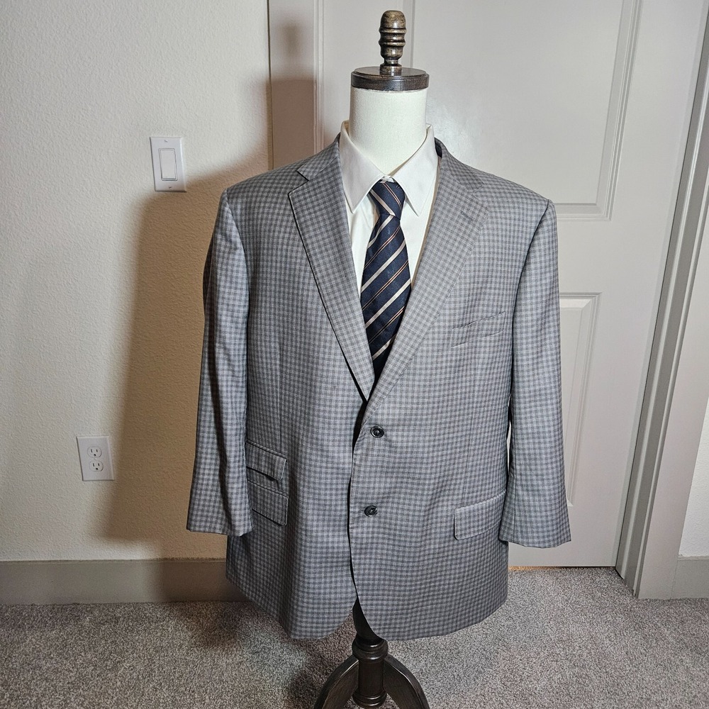 J. Hilburn 49S 100% Wool Suit Blazer Sport Coat Jacket Men Gray Plaid 2-Button‎